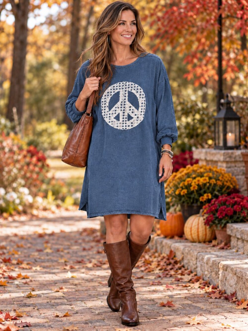 UMGEE Dress w/Lace "Peace Sign" 100% Cotton Denim Blue NWT L